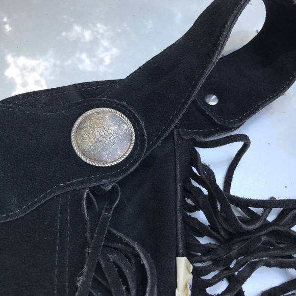 Black Suede Full Chaps with Fringe - Picture 2 of 4